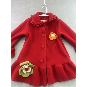 Widgeon Girls 4 Red Fleece 3D Flower Tassel Pom Pom Jacket Coat Button Up